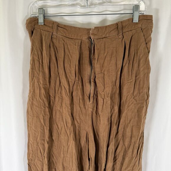 Free People Pants Women's Large Brown Linen Blend Wide Leg Pockets - Picture 2 of 12